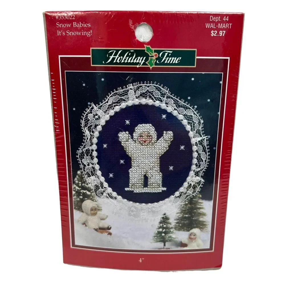Vtg Snow Babies It’s Snowing 4” Counted Cross‎ Stitch Kit Holiday Time #353022